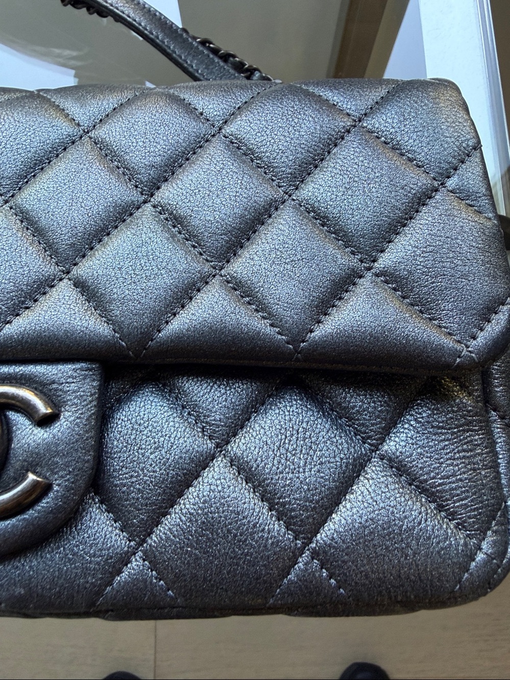 Authentic Chanel Classic Flap Bag Dark Silver Metallic Lambskin Silver Hardware - Picture 8 of 8